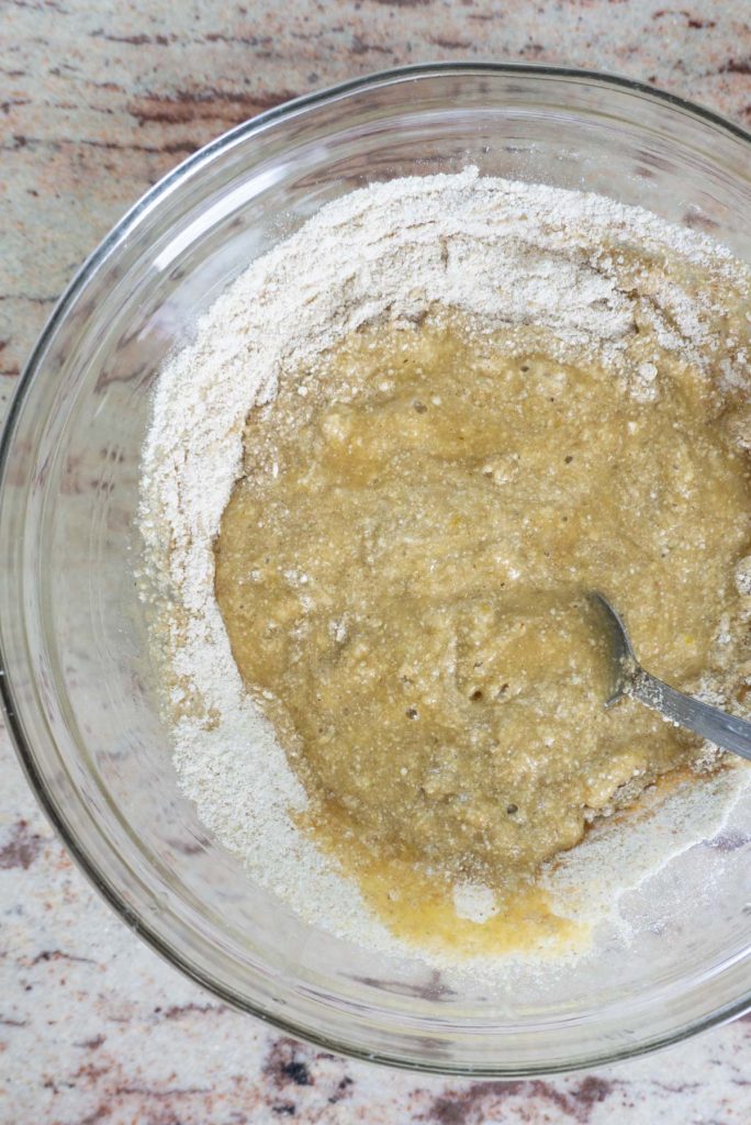 Dry and wet ingredients mixed together for rhubard streusel cake
