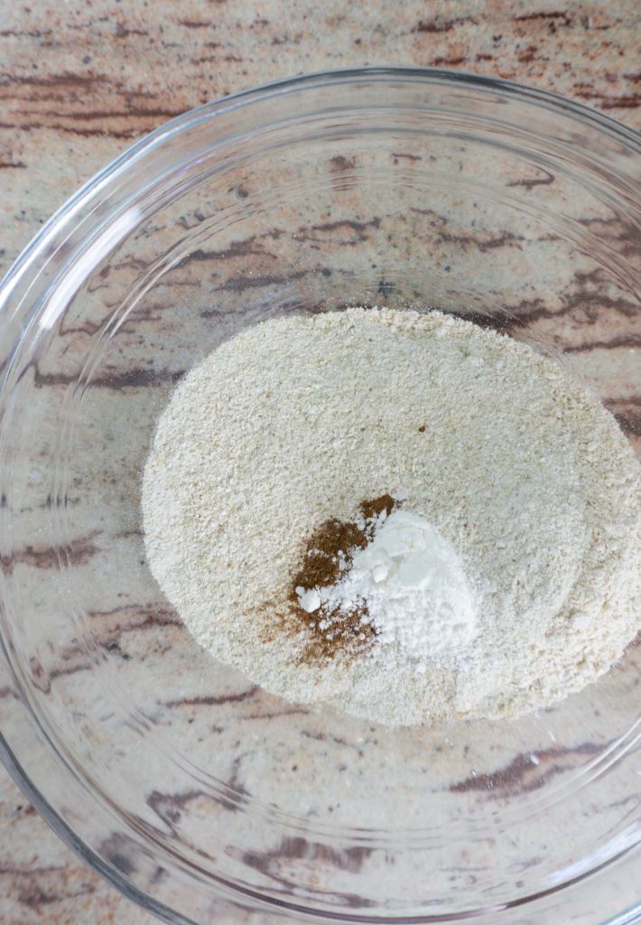 Flour in a bowl for rhubarb streusel cake