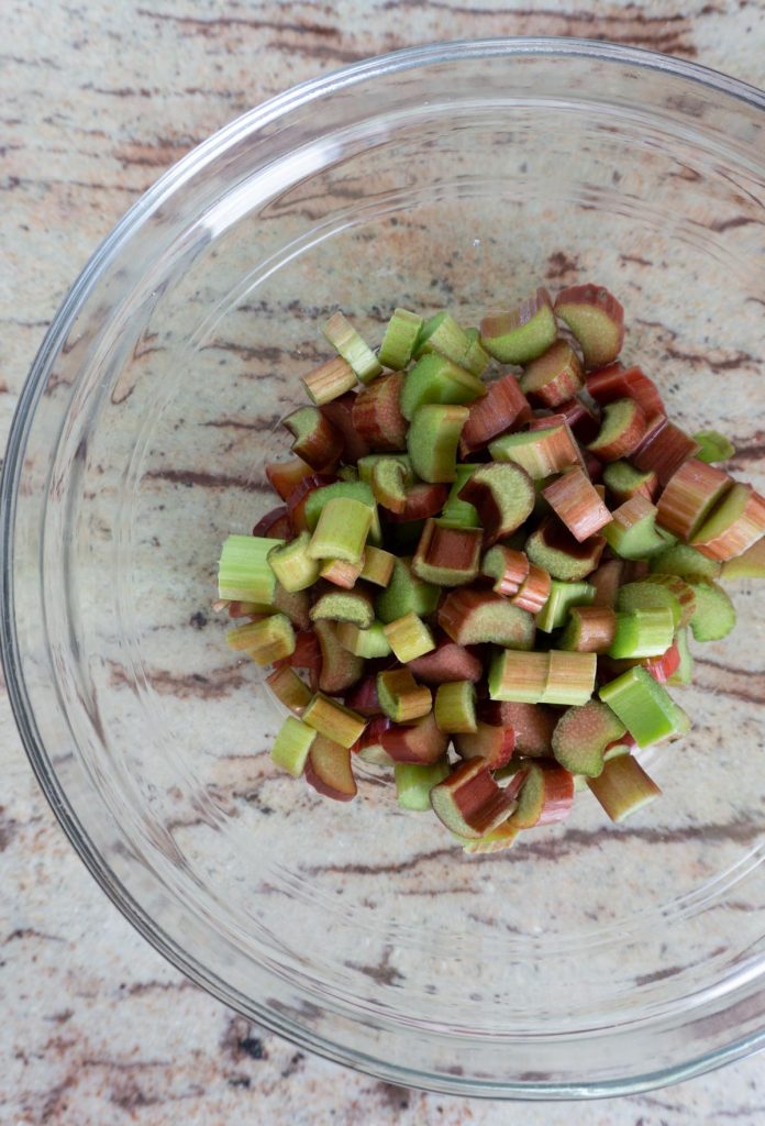 Preparing rhubarb for rhubarb streusel cake