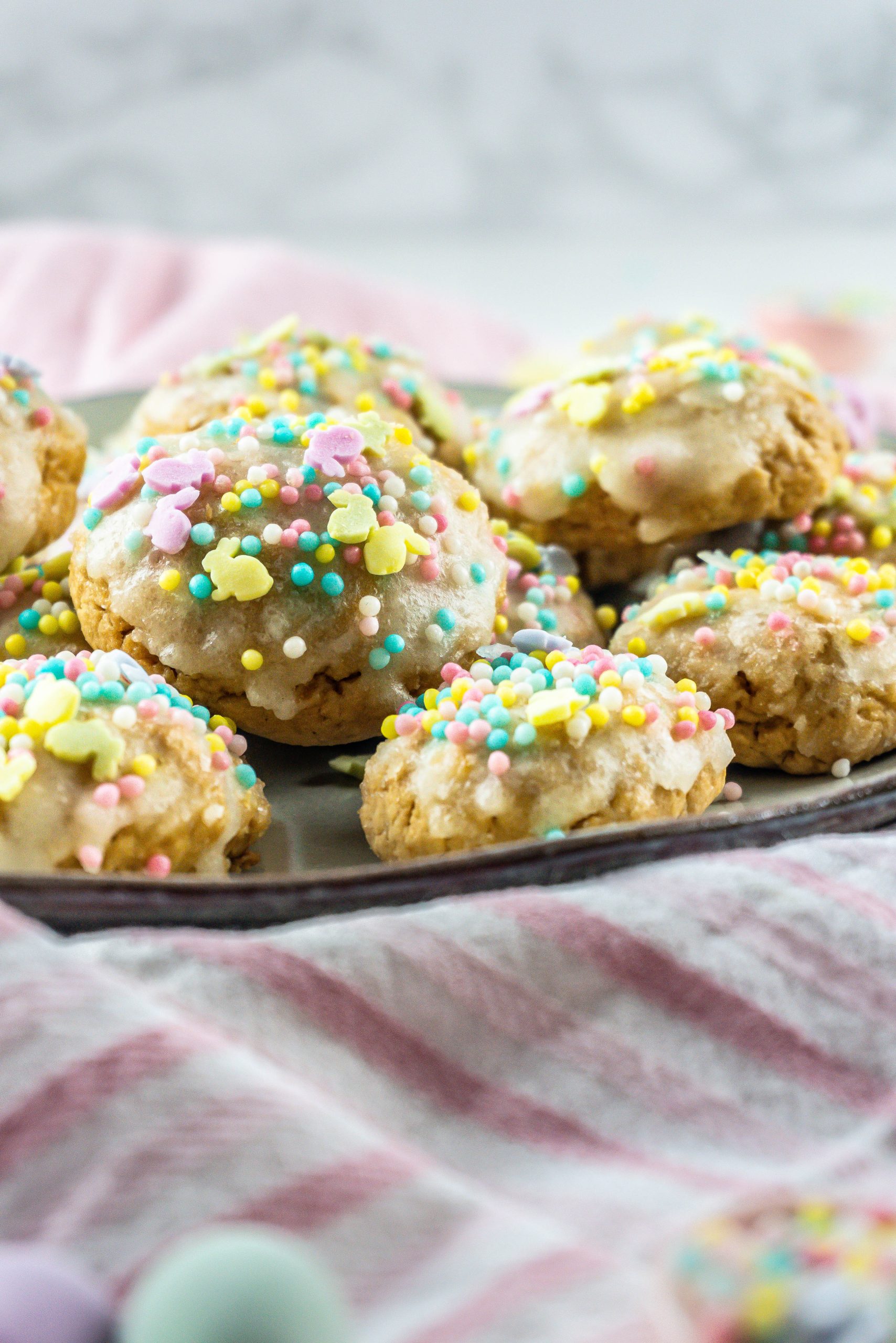 Italian Easter Cookies with icing and sprinkles, photographed up close