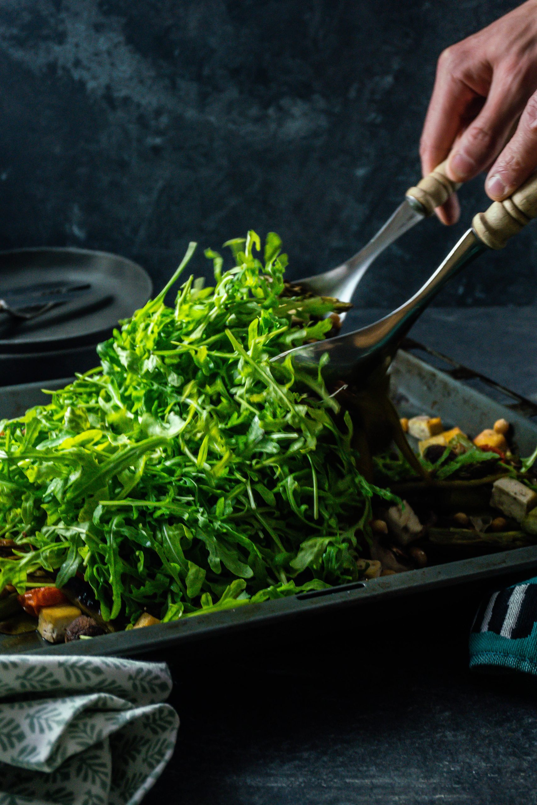 Spring Greens Oven Tray Bake, mixed with rocket salad
