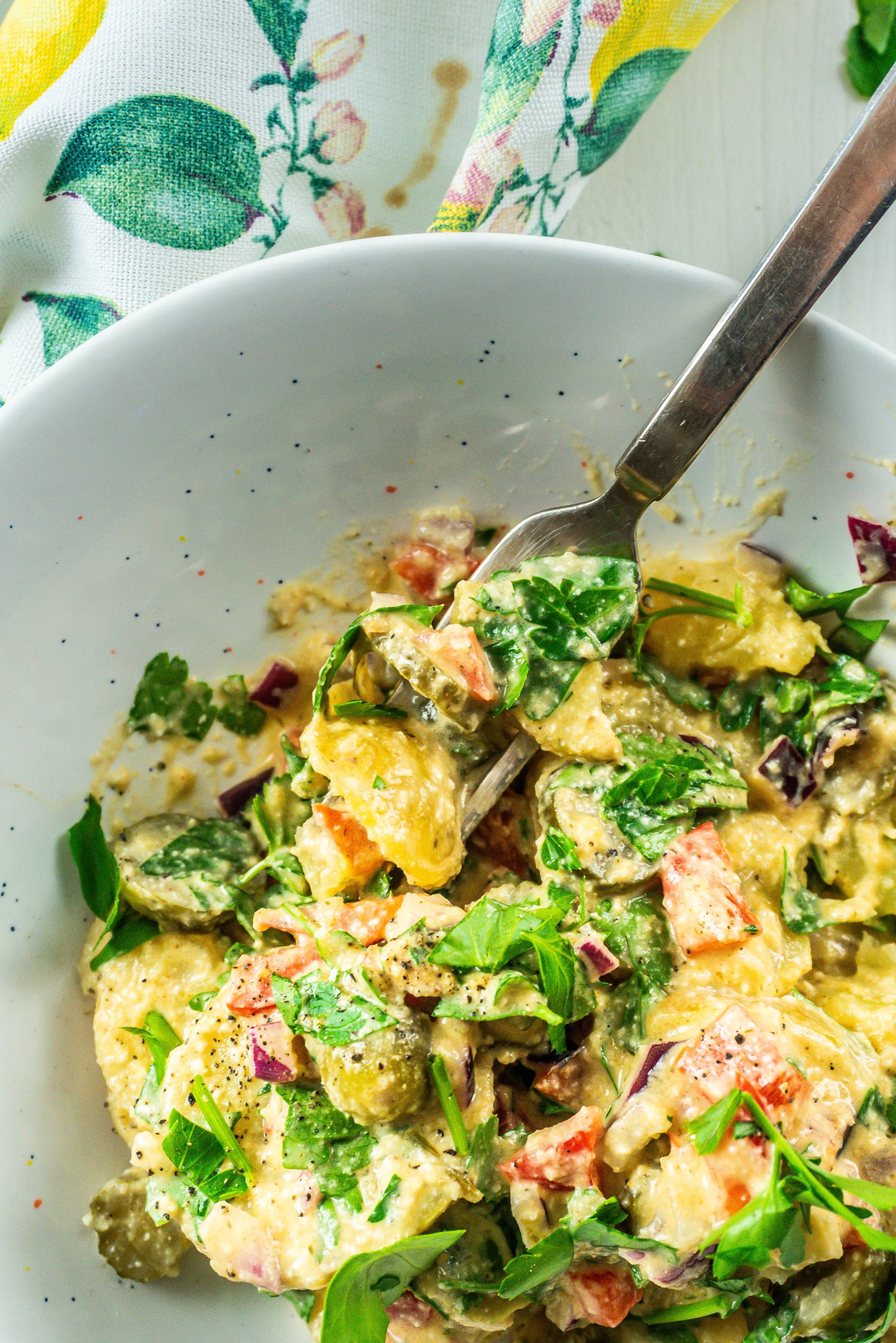 Vegan Potato Salad being eaten and put on a fork