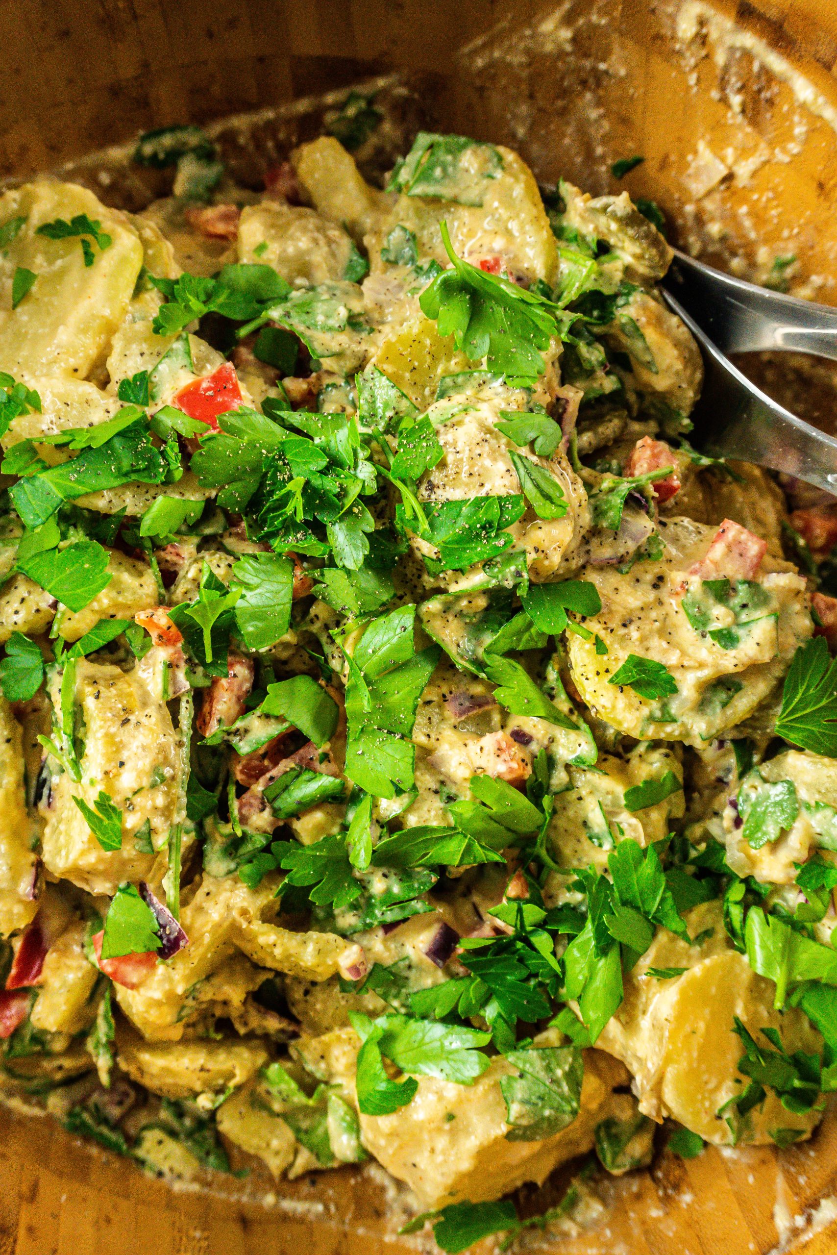 Vegan Potato Salad, photographed up close in a salad bowl