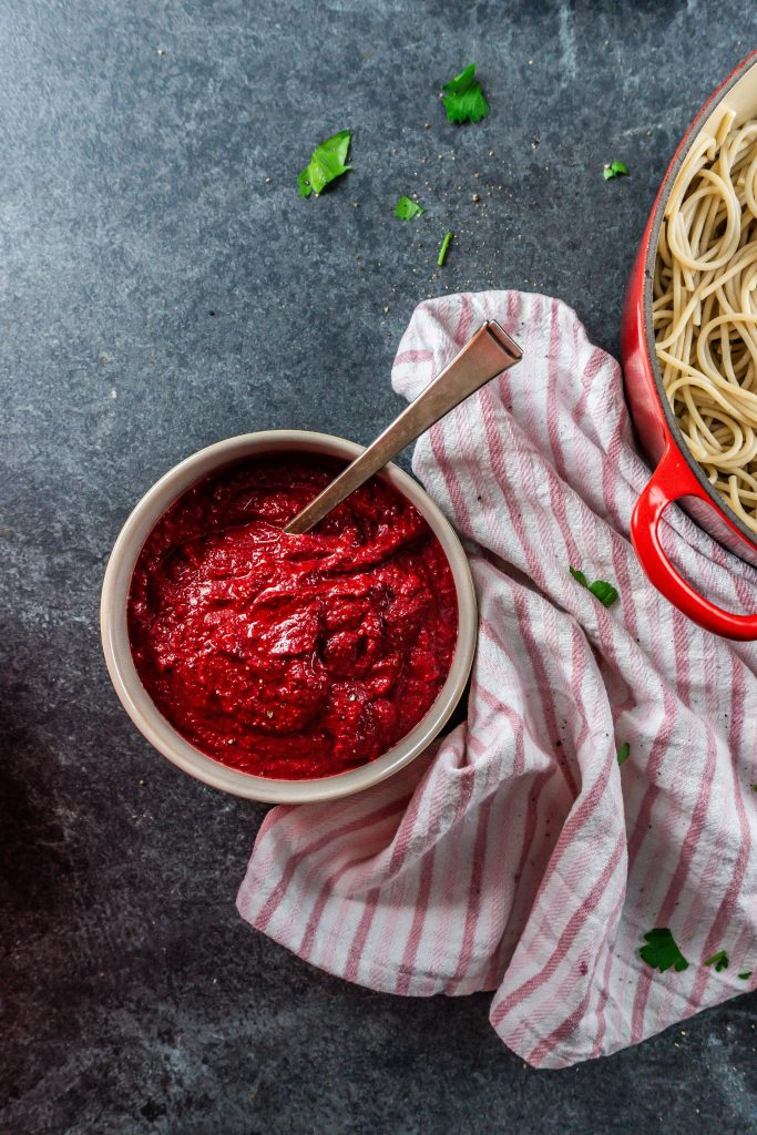 Creamy blender beetroot pasta sauce; photographed from above