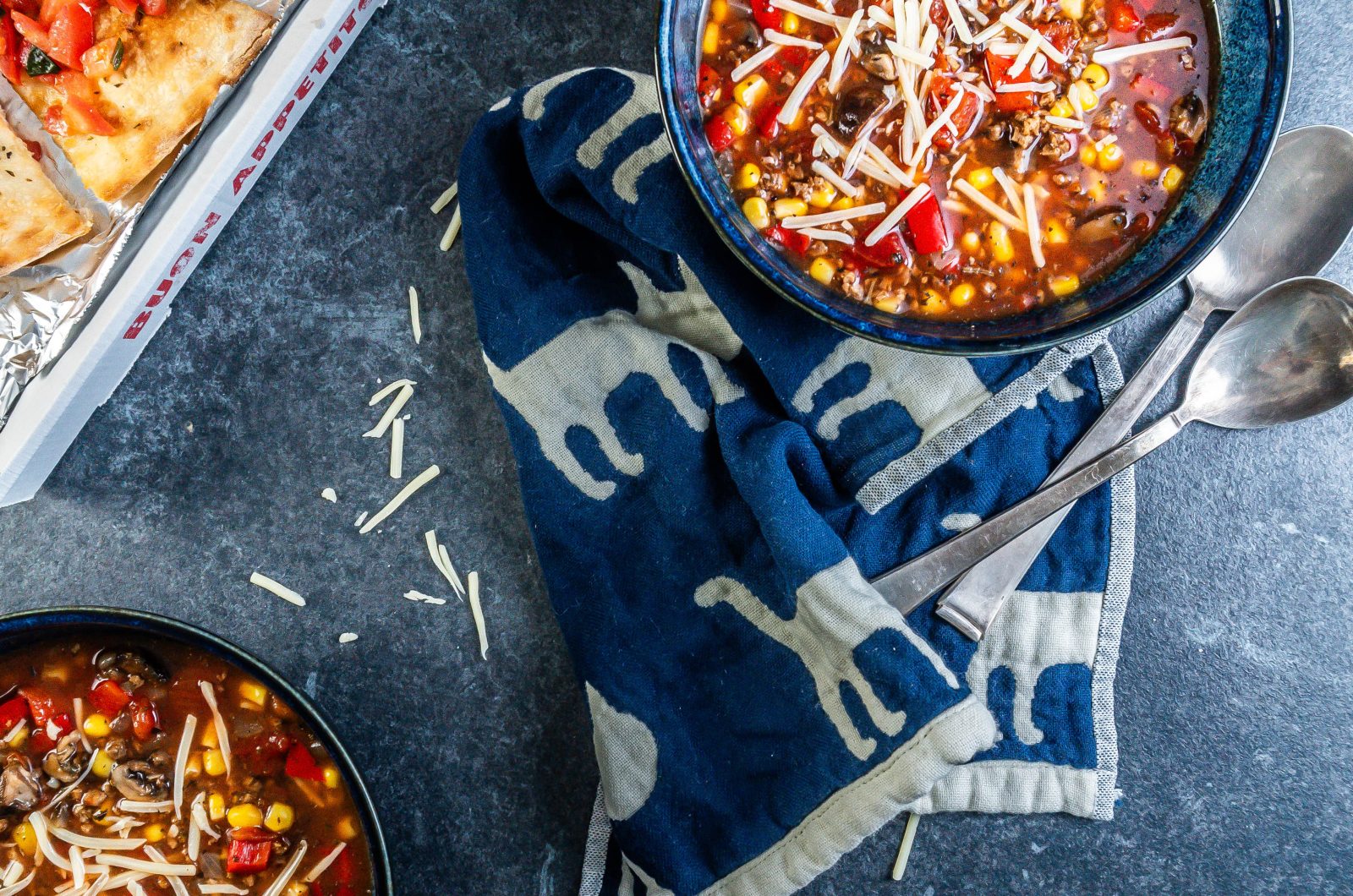 Hearty Vegan Pizza Soup Bowl