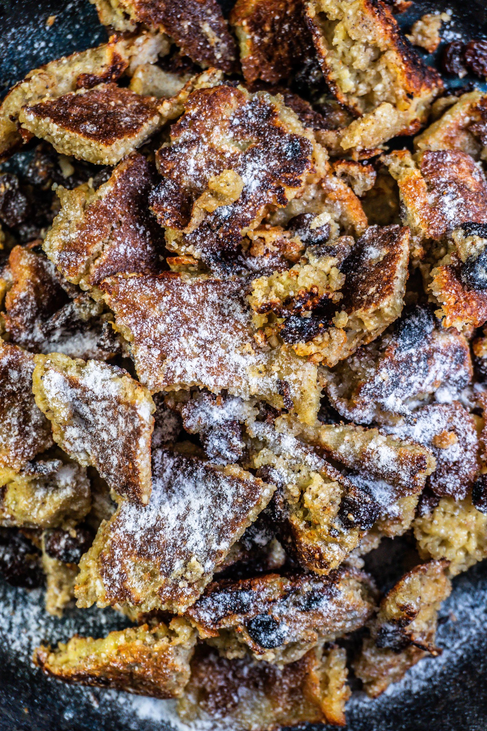 Gluten-free Kaiserschmarrn photographed up close with xylitol on top