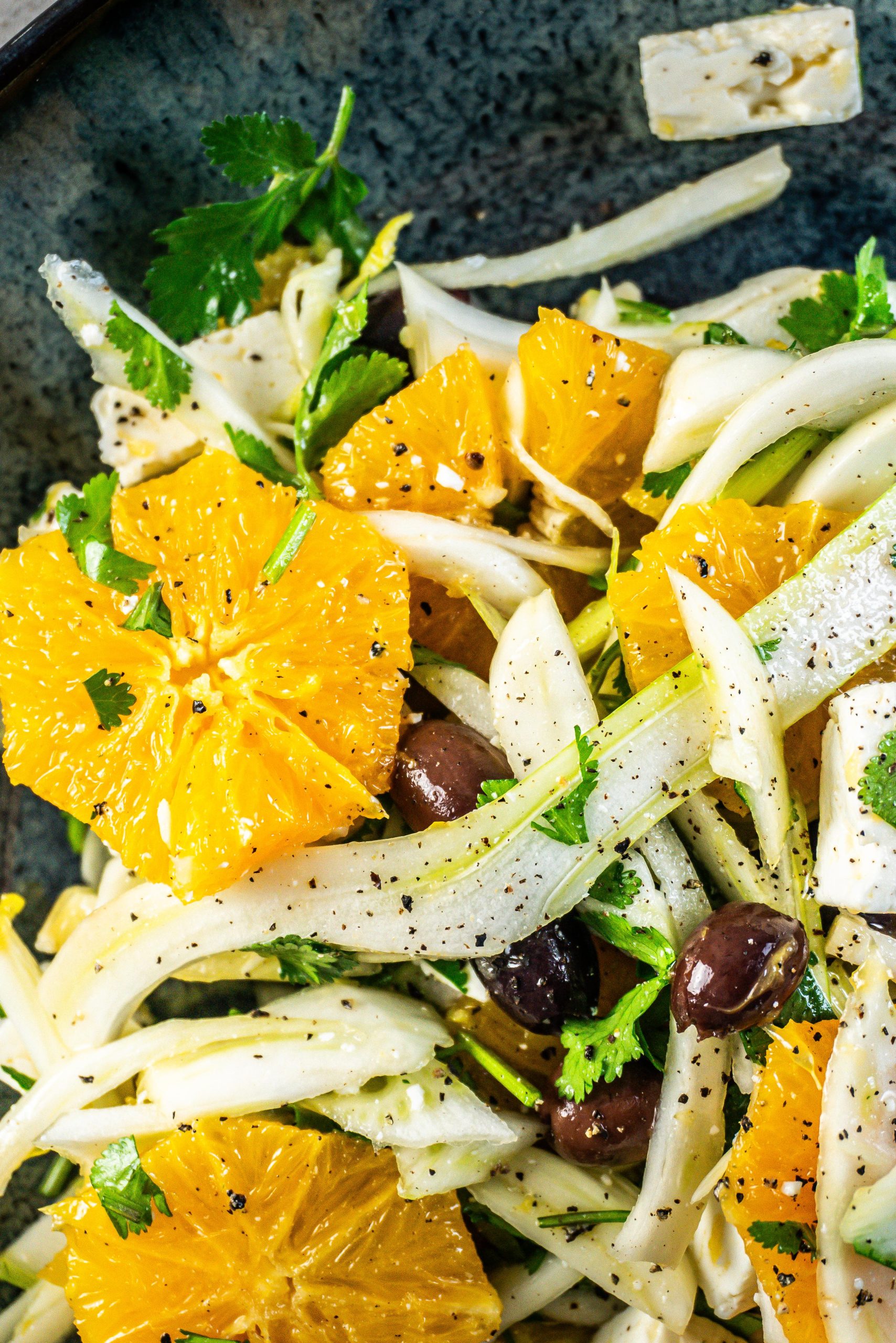 Mediterranean Fennel and Orange Salad on a dark plate; photographed up close