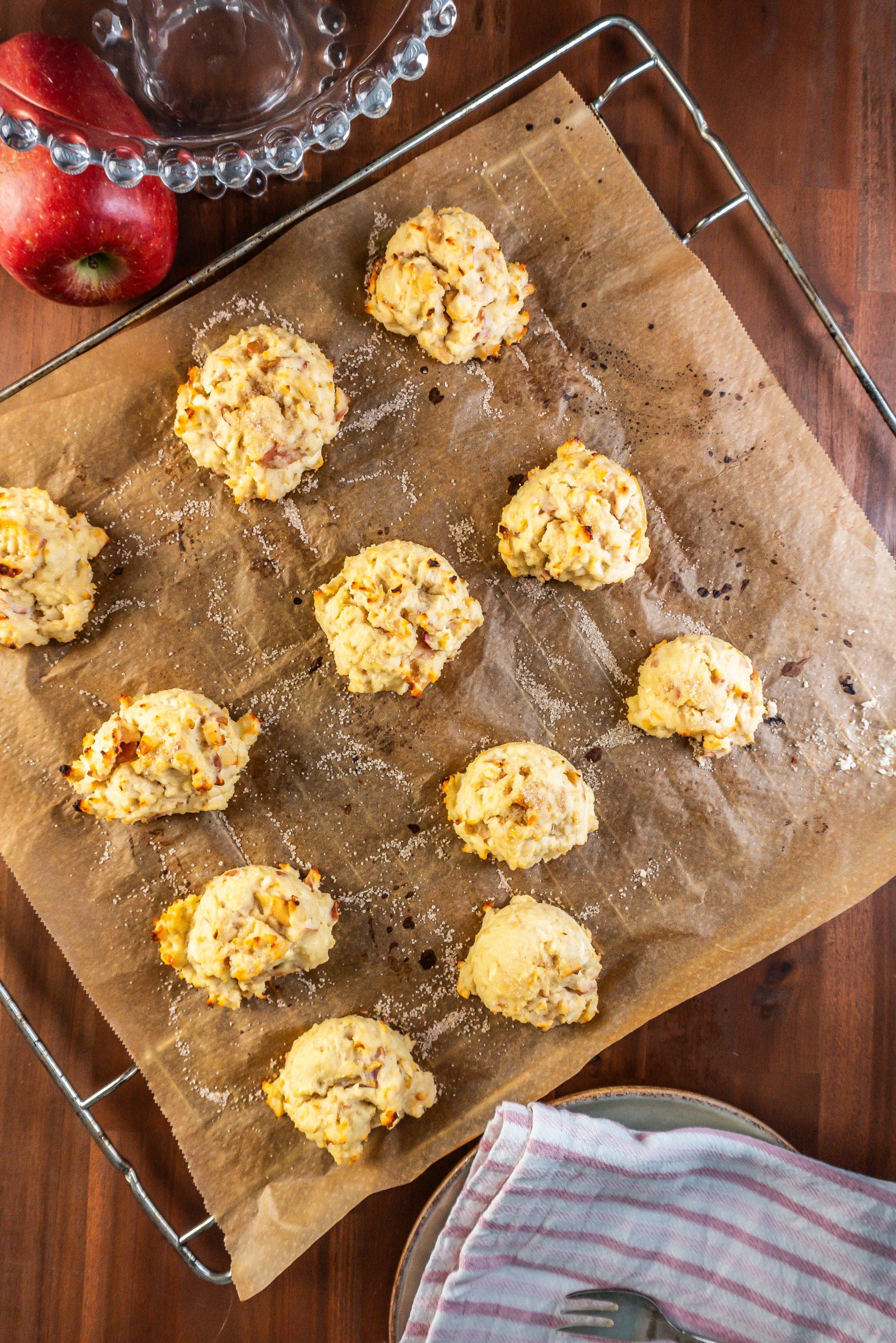 Mini Apple Quark Balls on a baking tray being ready for being displayer for serving