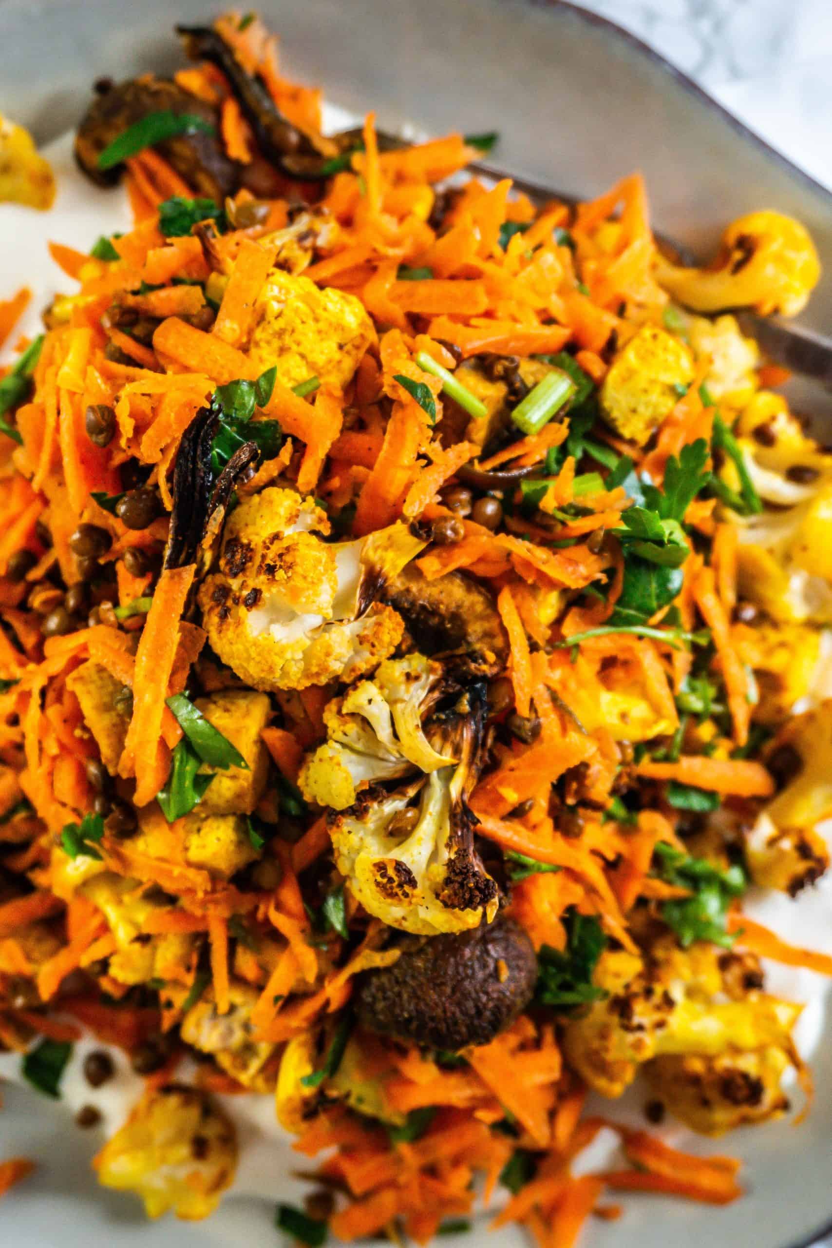 Roasted Cauliflower Salad up close on a plate