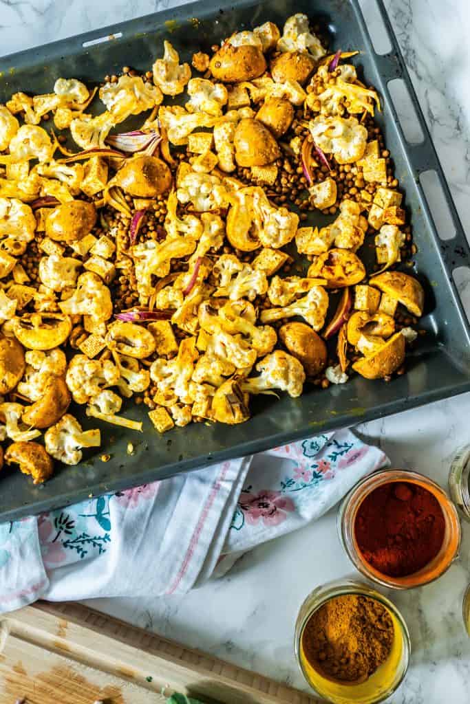 Roasted vegetables covered in spices for the Roasted Cauliflower Salad
