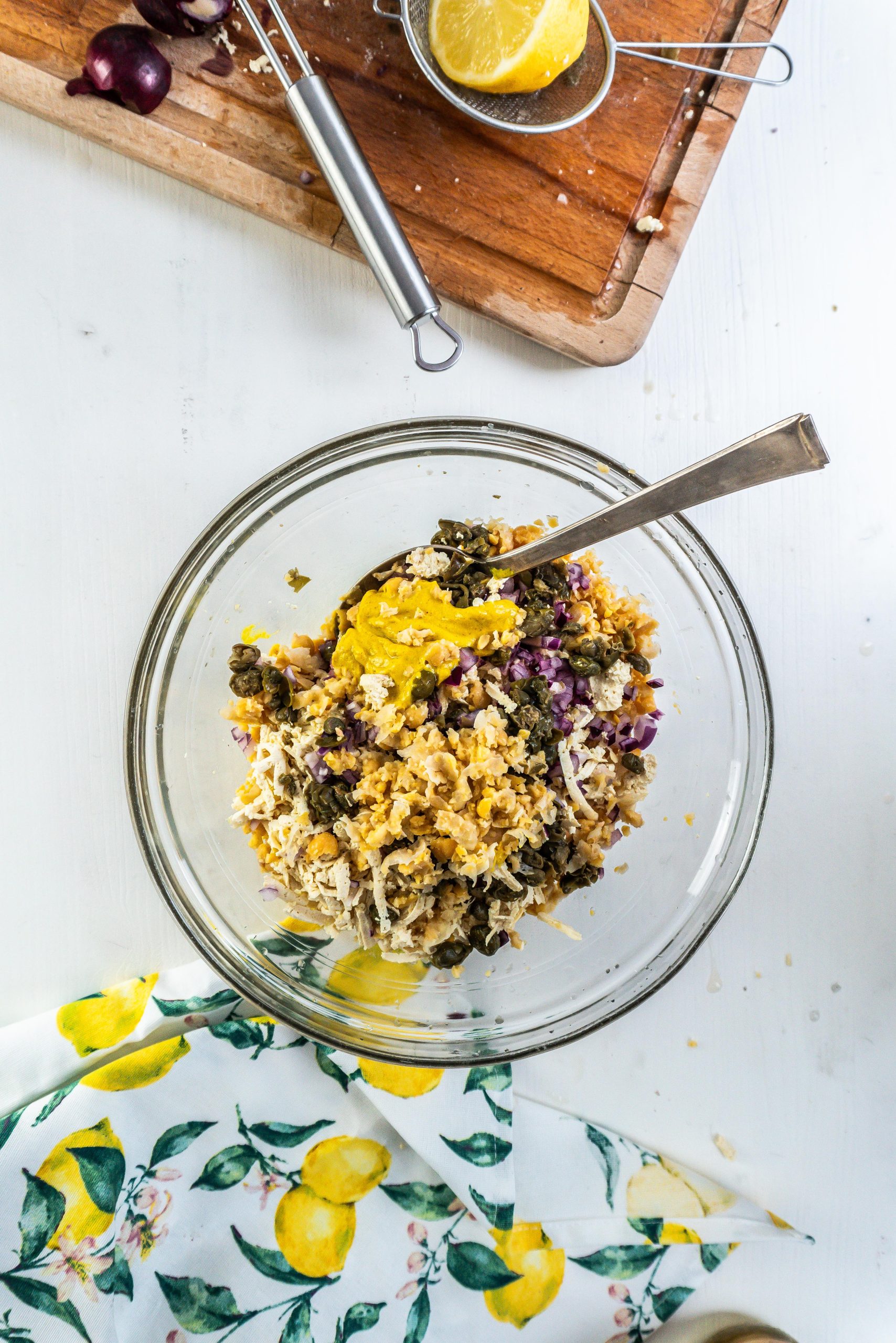 Adding capers, caper juice, mustard, and lemon juice to the vegan tuna for this vegetarian nicoise salad