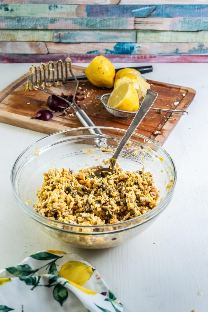 Mixing vegan tuna for this vegetarian nicoise salad