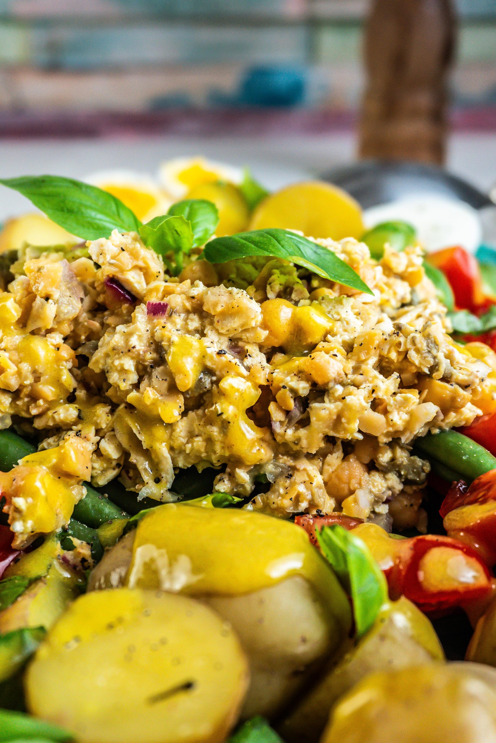 Vegan tuna on this vegetarian nicoise salad photographed up close